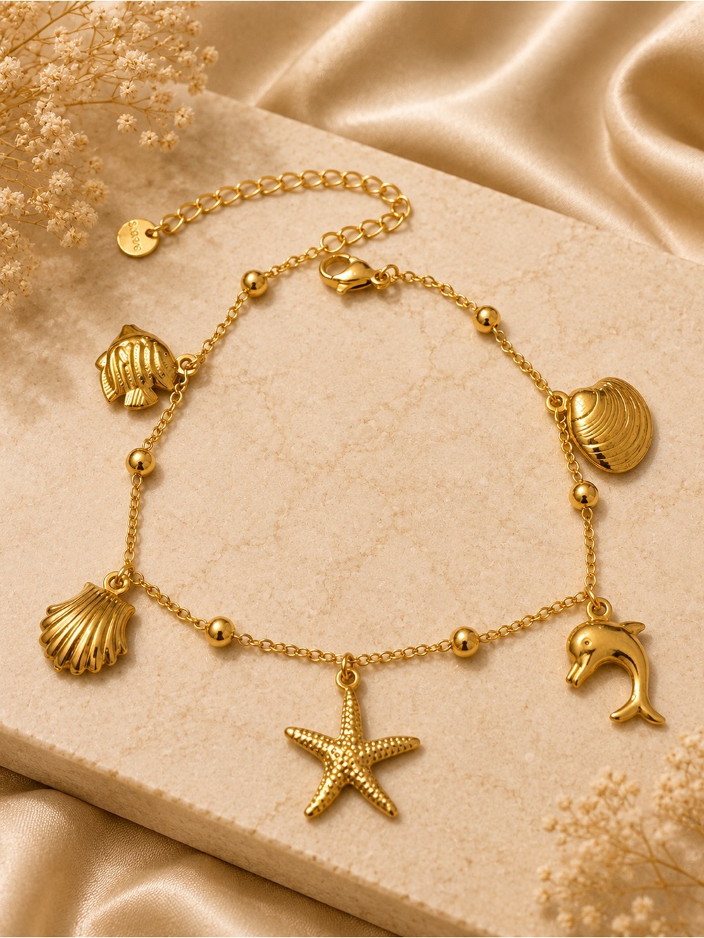 Gold Plated Seashell Charm Bracelet/ Anklet with Starfish & Dolphin